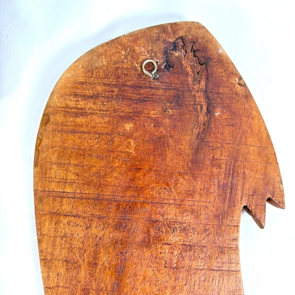 Vintage 70's Hand Carved Wood Wall Art Brown Pair Face Fish Tribal Folk Art MCM